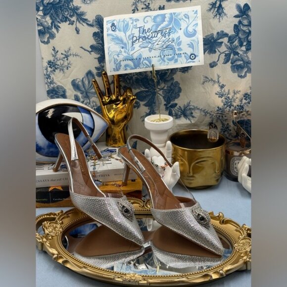 🆕 KURT GEIGER LONDON 🧿 NWOB Belgravia Vinyl 65 Slingback Heels, Silver, Sz 7.5 - Picture 2 of 14